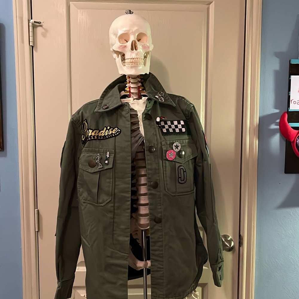 Marc Jacobs Twill Paradise Punk Army Green Jacket w Pockets and embellished